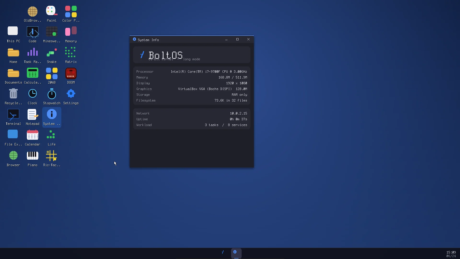 The BoltOS desktop: a blue wallpaper, a column of app icons including DOOM, Paint and Terminal, and a System Info window showing an Intel i7 CPU and a 1920 by 1080 display.